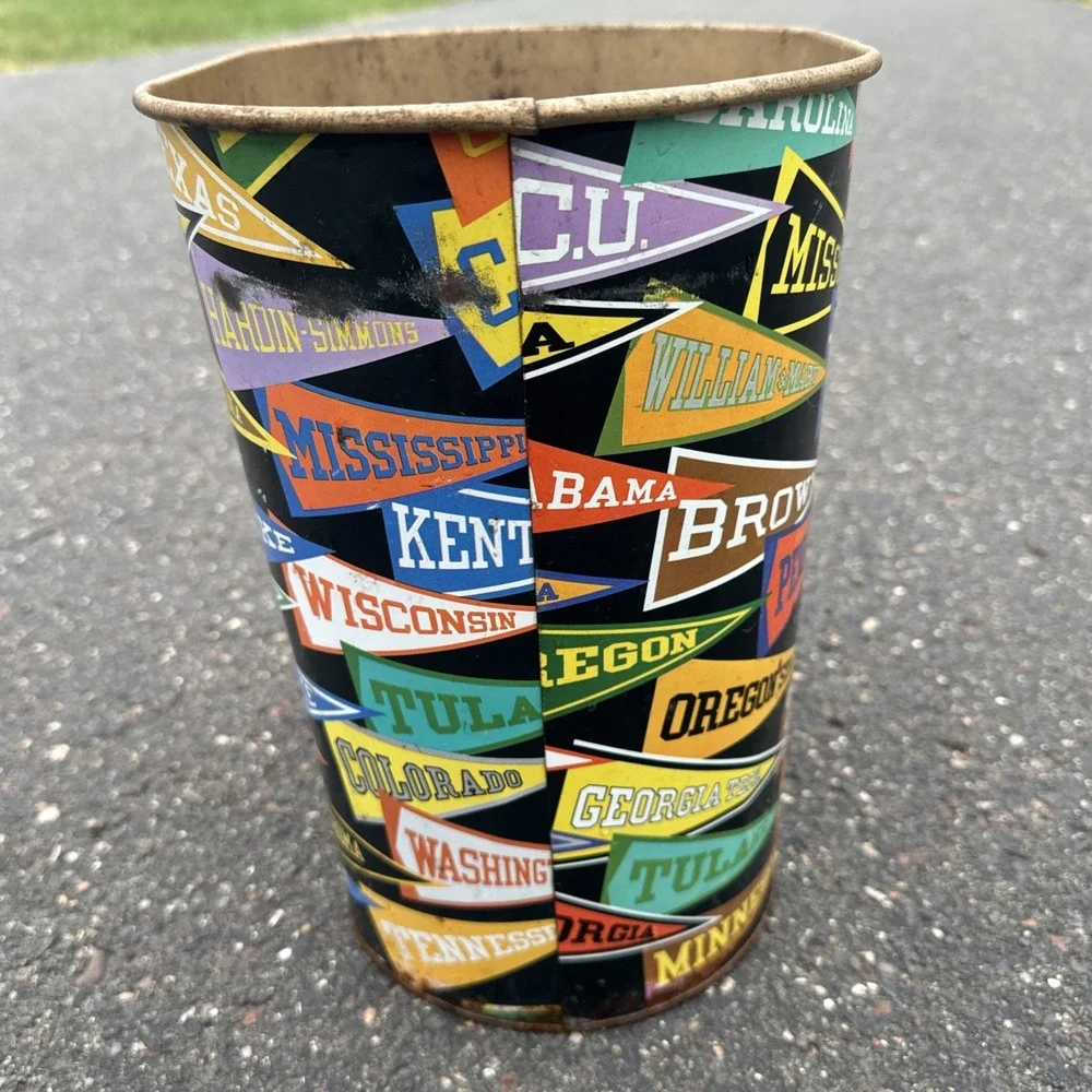 Vtg Decoware College Pennant Flags Metal Tin Trash Can Waste Paper Basket USA